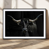 37531960-MGV-CV-36X24-Black Longhorn Bull Wall Art – Dramatic Western Cattle Canvas Print, Rustic Farmhouse Animal Artwork for Living Room, Bedroom,