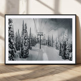 31156828-MGC-FP-36x24_Black-Snowy Pines Wall Art Canvas Print, Framed Ski Lift Art Picture Print, Winter Forest Perfect Moody Lodge Decor Artwork