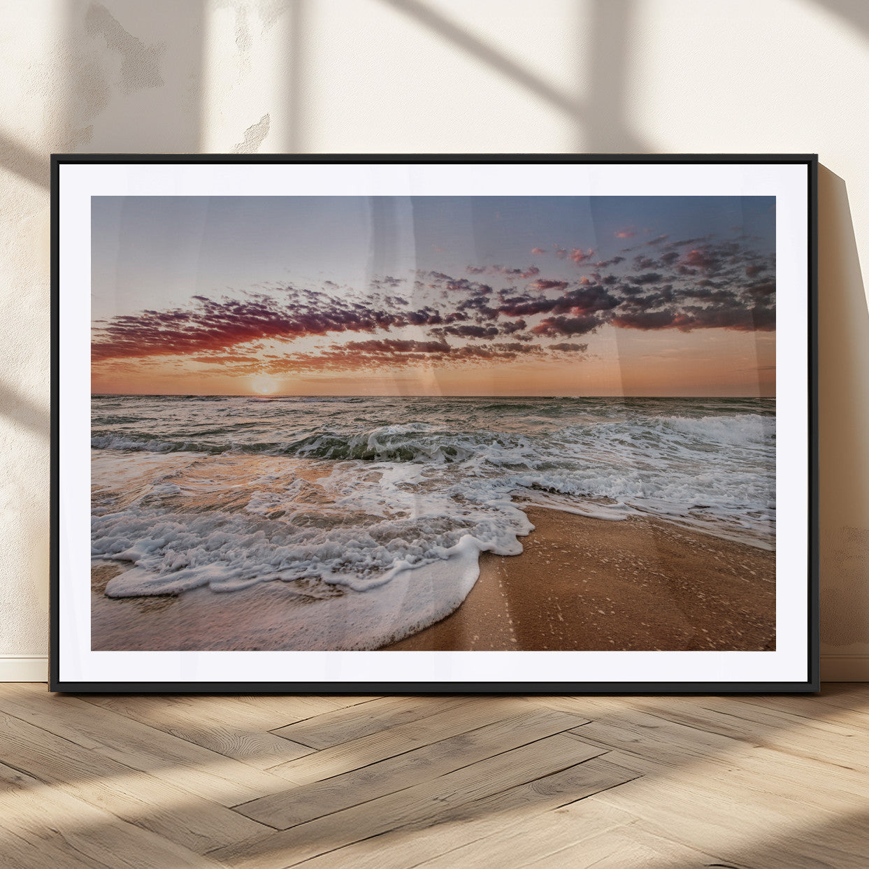 39846389-MGC-FP-36x24_Black-Ocean Sunset Wall Art Canvas Print, Framed Sandy Shore Art Picture Print, Gentle Waves Perfect Minimalist Coastal Decor Artwork