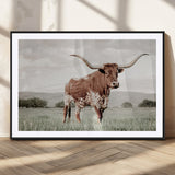 28309012-MGC-FP-36x24_Black-Texas Longhorn Wall Art Canvas Print, Framed Spotted Cattle Art Picture Print, Horned Bull Perfect Rustic Western Decor Artwork