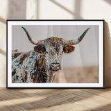 70414966-MGV-CV-36X24-Texas Longhorn Wall Art Canvas Print, Framed Speckled Cow Art Picture Print, Horned Bull Perfect Rustic Western Decor Artwork