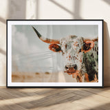 72766375-MGV-CV-36X24-Texas Longhorn Wall Art Canvas Print, Framed Spotted Cow Art Picture Print, Horned Cattle Perfect Rustic Western Decor Artwork
