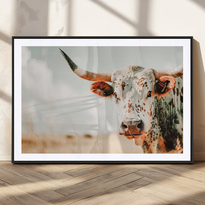 72766375-MGV-CV-36X24-Texas Longhorn Wall Art Canvas Print, Framed Spotted Cow Art Picture Print, Horned Cattle Perfect Rustic Western Decor Artwork