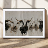 12027562-MGC-FP-36x24_Black-Longhorn Cattle Wall Art Canvas Print, Framed Bison Herd Art Picture Print, Cattle Group Perfect Rustic Farmhouse Decor Artwork