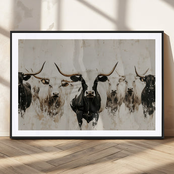 12027562-MGC-FP-36x24_Black-Longhorn Cattle Wall Art Canvas Print, Framed Bison Herd Art Picture Print, Cattle Group Perfect Rustic Farmhouse Decor Artwork