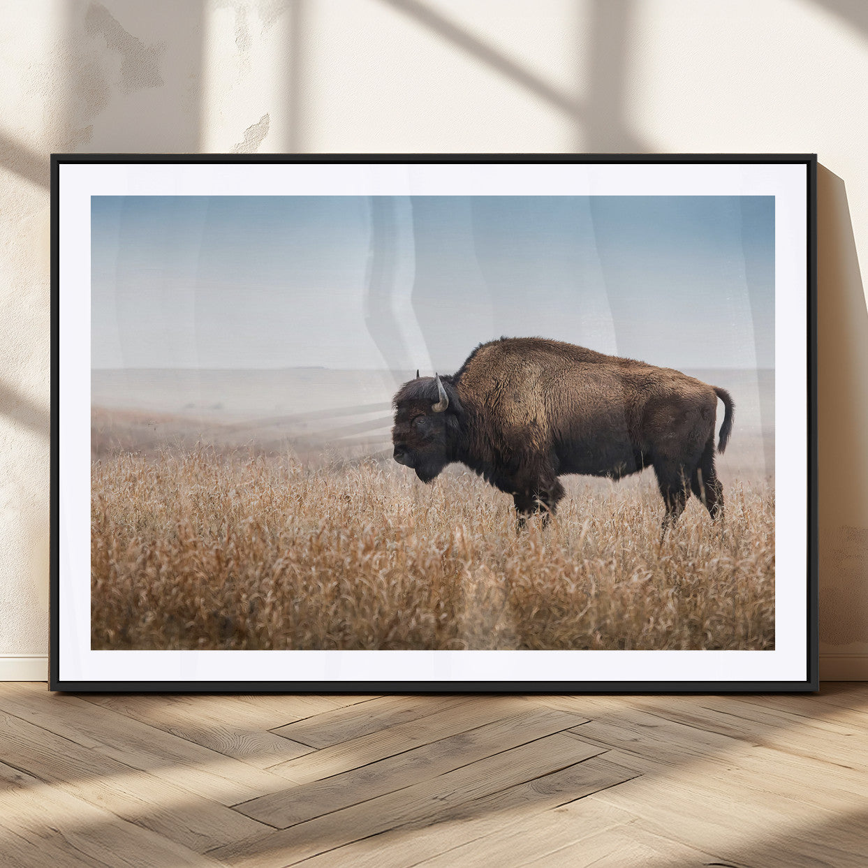 91267849-MGC-FP-36x24_Black-Wild Bison Wall Art Canvas Print, Framed Bison in Prairie Art Picture Print, Rustic Western Perfect Rustic Western Decor Artwork