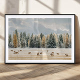 64188182-MGC-FP-36x24_Black-Elk Herd Wall Art Canvas Print, Framed Snowy Forest Art Picture Print, Forest Elks Perfect Neutral Rustic Decor Artwork