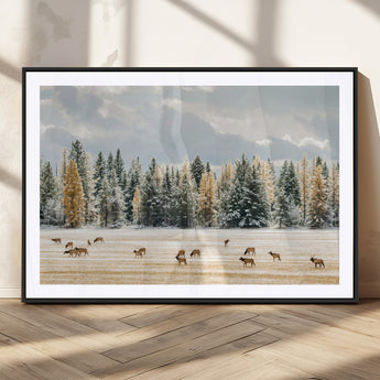 64188182-MGC-FP-36x24_Black-Elk Herd Wall Art Canvas Print, Framed Snowy Forest Art Picture Print, Forest Elks Perfect Neutral Rustic Decor Artwork