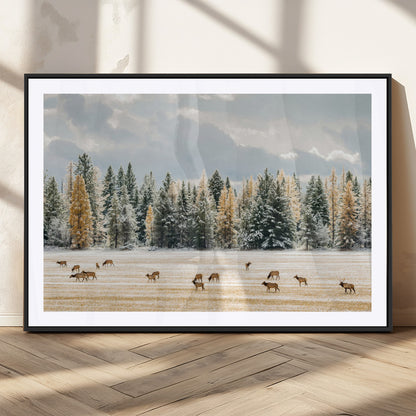 64188182-MGC-FP-36x24_Black-Elk Herd Wall Art Canvas Print, Framed Snowy Forest Art Picture Print, Forest Elks Perfect Neutral Rustic Decor Artwork