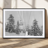55003599-MGV-CV-36X24-Snowy Ski Lift Wall Art Canvas Print, Framed Winter Forest Art Picture Print, Ski lift Ride Perfect Winter Lodge Decor Artwork