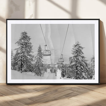 55003599-MGV-CV-36X24-Snowy Ski Lift Wall Art Canvas Print, Framed Winter Forest Art Picture Print, Ski lift Ride Perfect Winter Lodge Decor Artwork