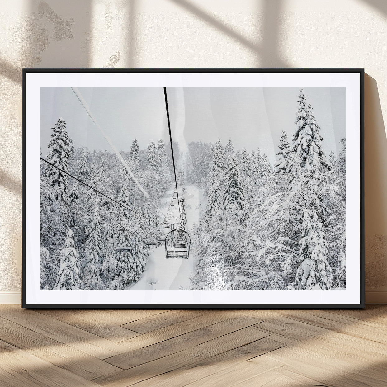 60296839-MGV-CV-36X24-Snowy Mountains Wall Art Canvas Print, Framed Ski Lift Art Picture Print, Winter Forest Perfect Winter Minimalist Decor Artwork
