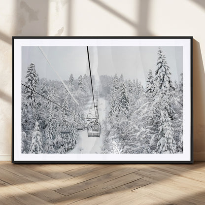 60296839-MGV-CV-36X24-Snowy Mountains Wall Art Canvas Print, Framed Ski Lift Art Picture Print, Winter Forest Perfect Winter Minimalist Decor Artwork