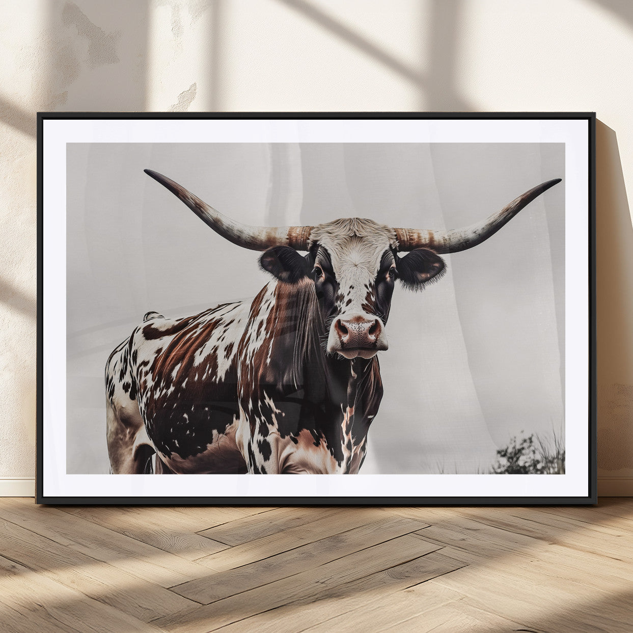 95249234-MGC-FP-36x24_Black-Texas Longhorn Wall Art Canvas Print, Framed Spotted Bull Art Picture Print, Horned Cattle Perfect Rustic Farmhouse Decor Artwork