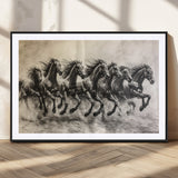 56089591-MGC-FP-36x24_Black-Galloping Horses Wall Art Canvas Print, Framed Wild Stallions Art Picture Print, Horse Herd Sketch Perfect Monochrome Dynamic