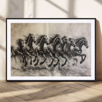 56089591-MGC-FP-36x24_Black-Galloping Horses Wall Art Canvas Print, Framed Wild Stallions Art Picture Print, Horse Herd Sketch Perfect Monochrome Dynamic