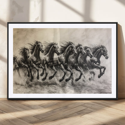 56089591-MGC-FP-36x24_Black-Galloping Horses Wall Art Canvas Print, Framed Wild Stallions Art Picture Print, Horse Herd Sketch Perfect Monochrome Dynamic