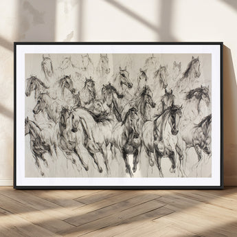 19433417-MGC-FP-36x24_Black-Running Horses Wall Art Canvas Print, Framed Horse Sketch Art Picture Print, Galloping Herd Perfect Monochrome Western Decor