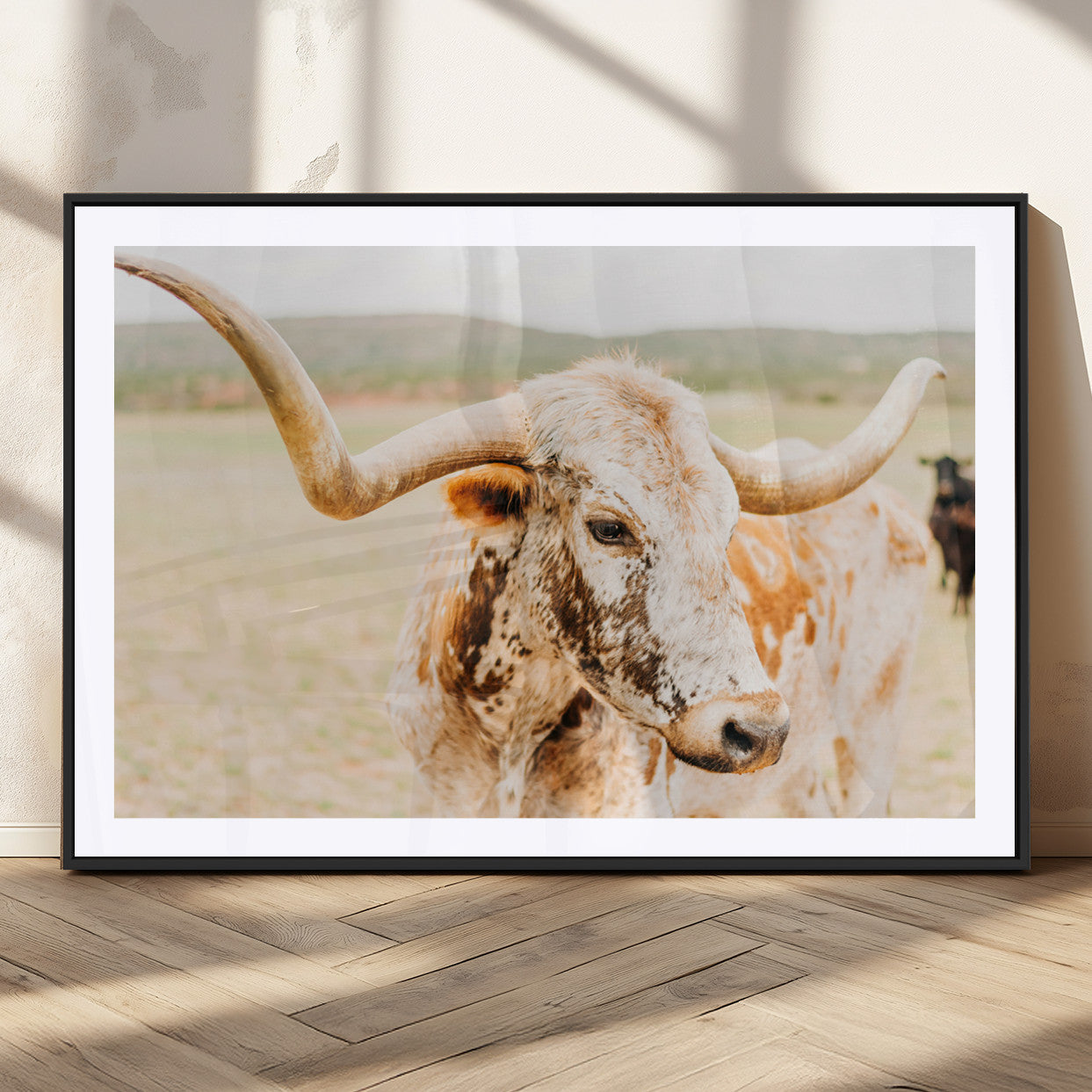 21060648-MGV-CV-36X24-Texas Longhorn Wall Art Canvas Print, Framed Speckled Cow Art Picture Print, Rustic Bull Perfect Rustic Western Decor Artwork