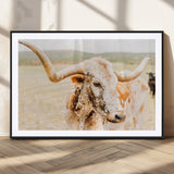 21060648-MGV-CV-36X24-Texas Longhorn Wall Art Canvas Print, Framed Speckled Cow Art Picture Print, Rustic Bull Perfect Rustic Western Decor Artwork