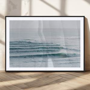 73969318-MGC-FP-36x24_Black-Ocean Waves Wall Art Canvas Print, Framed Surfer Lineup Art Picture Print, Crowded Ocean Perfect Minimal Coastal Decor Artwork