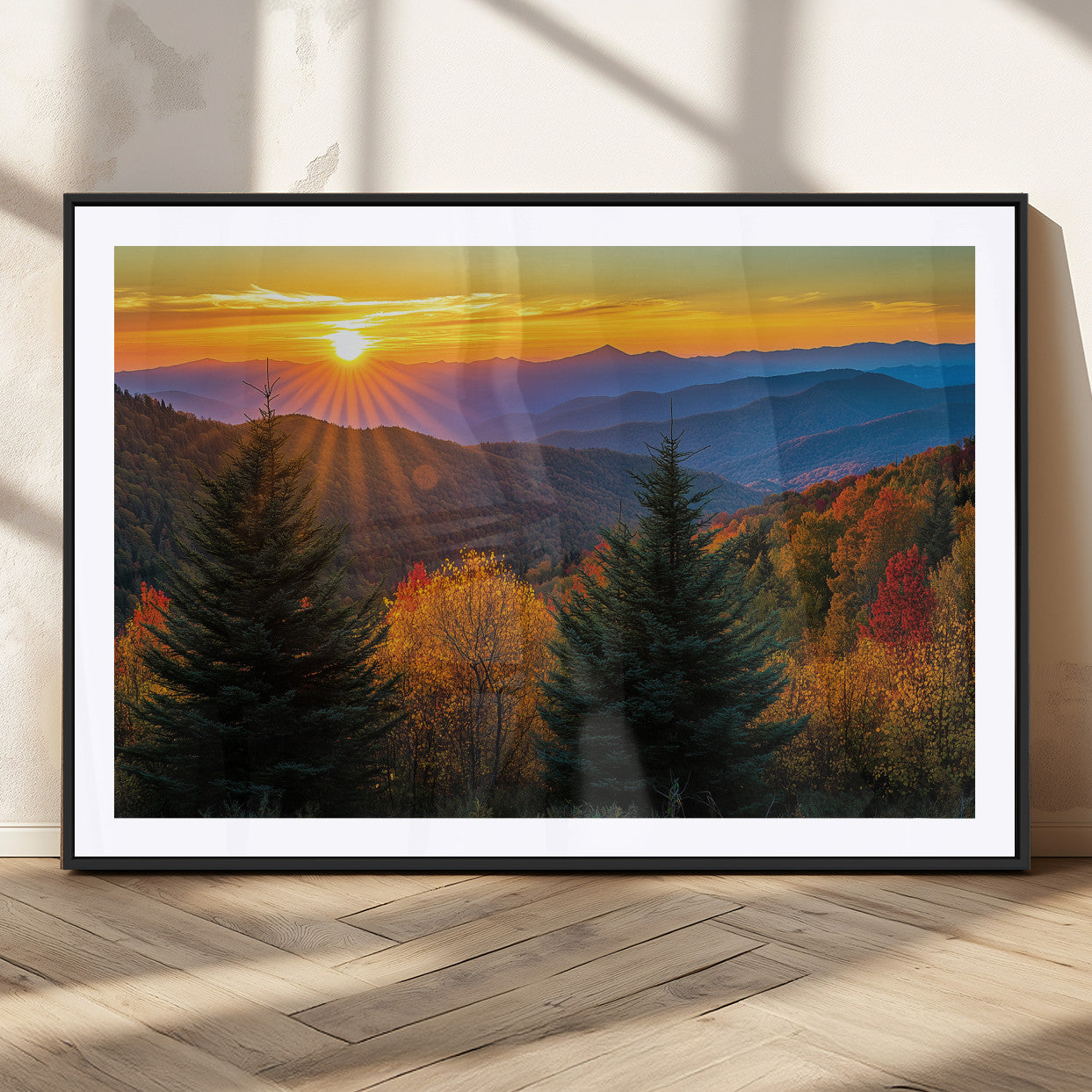 36964931-MGV-CV-36X24-Autumn Mountains Wall Art Canvas Print, Framed Sunset Glow Forest Art Picture Print, Golden Trees Perfect Vibrant Nature Decor