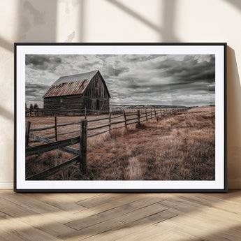 73898372-MGV-CV-36X24-Rustic Barn Wall Art Canvas Print, Framed Moody Field Art Picture Print, Weathered Fence Perfect Moody Farmhouse Decor Artwork