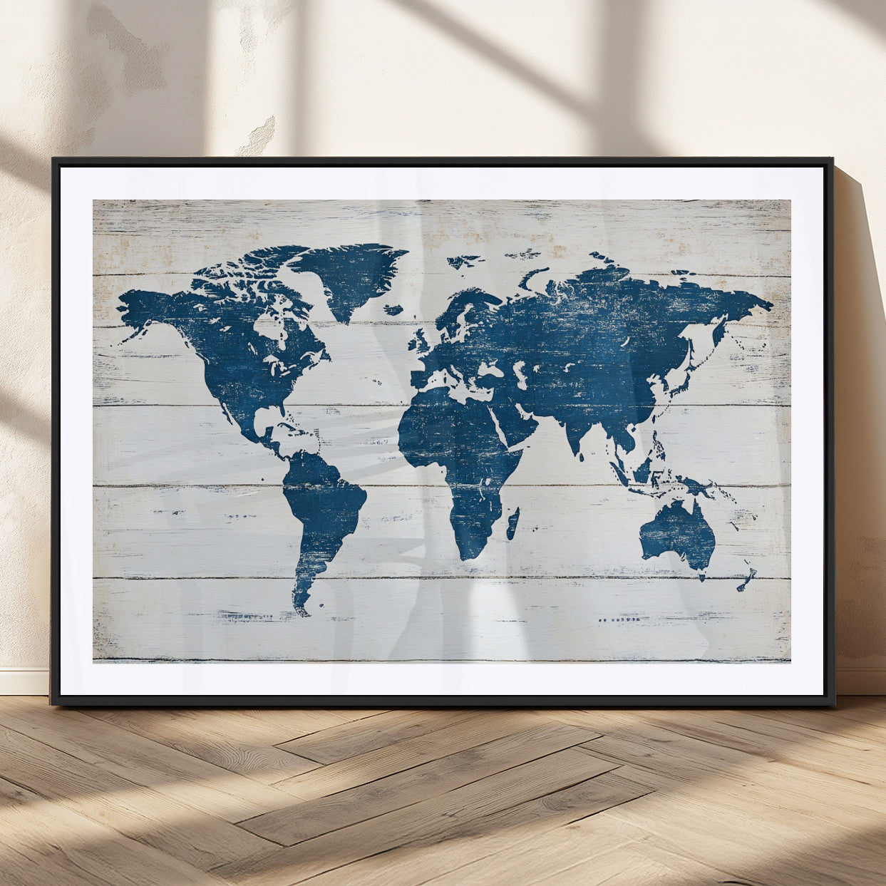 54107201-MGC-FP-36x24_Black-World Map Wall Art Canvas Print, Framed Rustic Atlas Art Picture Print, Wooden Map Perfect Vintage Decor Artwork