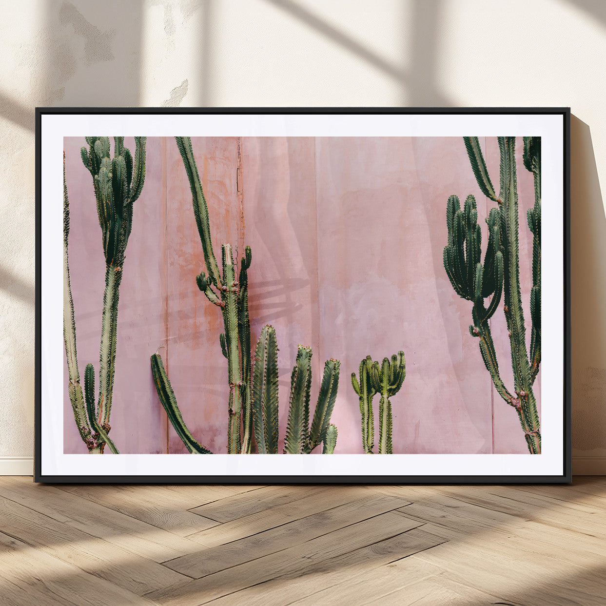 93119502-MGC-FP-36x24_Black-Tall Cactus Wall Art Canvas Print, Framed Pink Wall Art Picture Print, Cactus Lines Perfect Modern Desert Decor Artwork