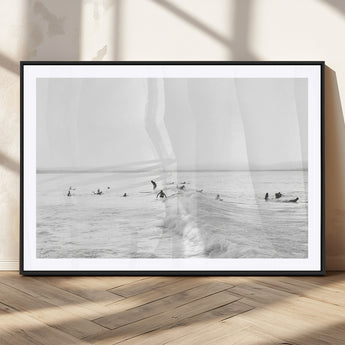 33449548-MGC-FP-36x24_Black-Group Surfers Wall Art Canvas Print, Framed Ocean Wave Art Picture Print, Surf Crowd Perfect Monochrome Surf Decor Artwork