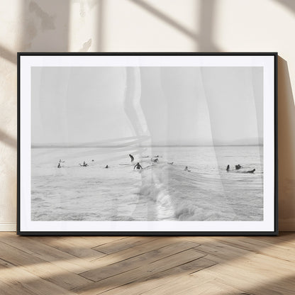 33449548-MGC-FP-36x24_Black-Group Surfers Wall Art Canvas Print, Framed Ocean Wave Art Picture Print, Surf Crowd Perfect Monochrome Surf Decor Artwork