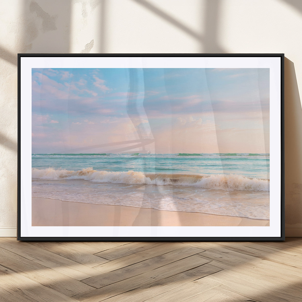 74679437-MGV-CV-36X24-Pastel Ocean Wall Art Canvas Print, Framed Beach Waves Art Picture Print, Soft Sunset Perfect Pastel Coastal Decor Artwork