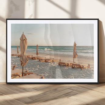 58507949-MGV-CV-36X24-Beach Umbrellas Wall Art Canvas Print, Framed Empty Loungers Art Picture Print, Soft Sand Perfect Minimalist Seaside Decor Artwork