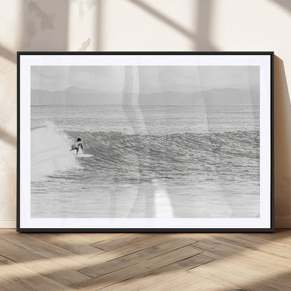 81535128-MGC-FP-36x24_Black-Surfer Woman Wall Art Canvas Print, Framed Black Ocean Art Picture Print, Ocean Surfing Perfect Monochrome Coastal Decor Artwork