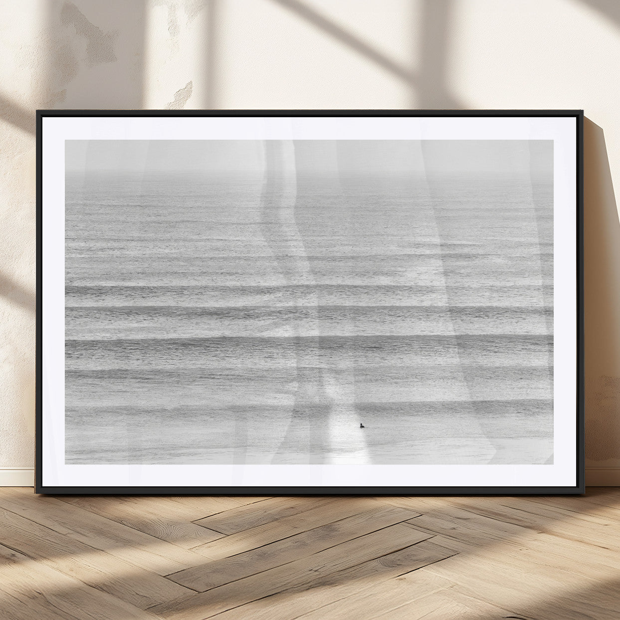 66534476-MGV-CV-36X24-Lone Surfer Wall Art Canvas Print, Framed Ocean Waves Art Picture Print, Minimal Sea Perfect Minimal Coastal Decor Artwork