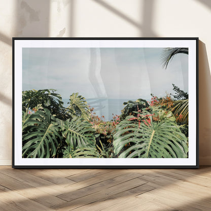 45700479-MGC-FP-36x24_Black-Monstera Leaves Wall Art Canvas Print, Framed Tropical Ocean Art Picture Print, Tropical Foliage Perfect Tropical Coastal Jungle