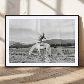 62789800-MGC-FP-36x24_Black-White Horse Wall Art Canvas Print, Framed Woman Rider Art Picture Print, Equestrian Pose Perfect Western Boho Decor Artwork