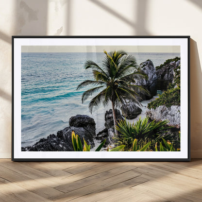 94669907-MGV-CV-36X24-Tropical Coastline Wall Art Canvas Print, Framed Palm Tree Art Picture Print, Rocky Beach Perfect Tropical Coastal Decor Artwork