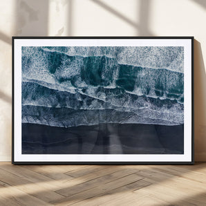 87941475-MGC-FP-36x24_Black-Black Beach Wall Art Canvas Print, Framed Aerial Ocean Art Picture Print, Moody Coastal Perfect Modern Coastal Decor Artwork