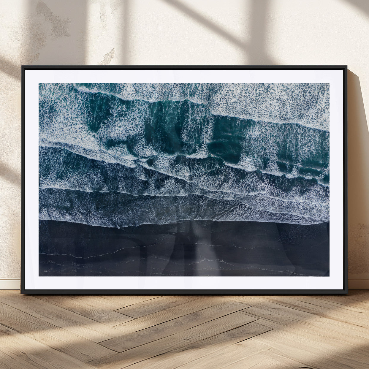 87941475-MGC-FP-36x24_Black-Black Beach Wall Art Canvas Print, Framed Aerial Ocean Art Picture Print, Moody Coastal Perfect Modern Coastal Decor Artwork