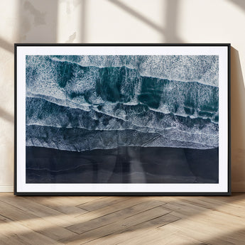 87941475-MGC-FP-36x24_Black-Black Beach Wall Art Canvas Print, Framed Aerial Ocean Art Picture Print, Moody Coastal Perfect Modern Coastal Decor Artwork