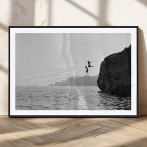 52284302-MGC-FP-36x24_Black-Cliff Jumping Wall Art Canvas Print, Framed Ocean Adventure Art Picture Print, Black White Coast Perfect Modern Coastal Decor