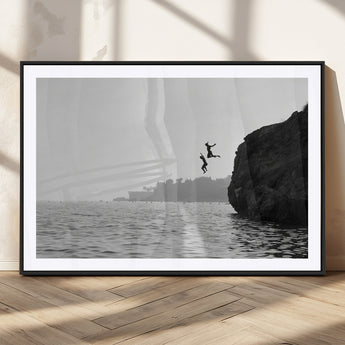 52284302-MGC-FP-36x24_Black-Cliff Jumping Wall Art Canvas Print, Framed Ocean Adventure Art Picture Print, Black White Coast Perfect Modern Coastal Decor