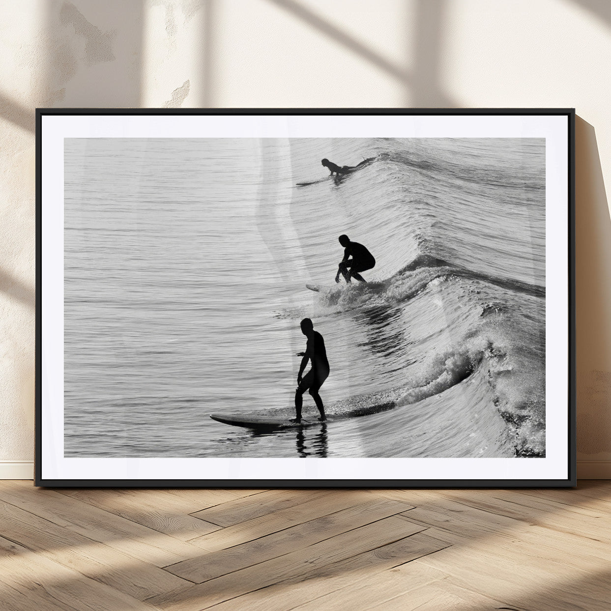 19875284-MGC-FP-36x24_Black-Surfer Waves Wall Art Canvas Print, Framed Black White Surf Art Picture Print, Monochrome Ocean Perfect Modern Coastal Decor