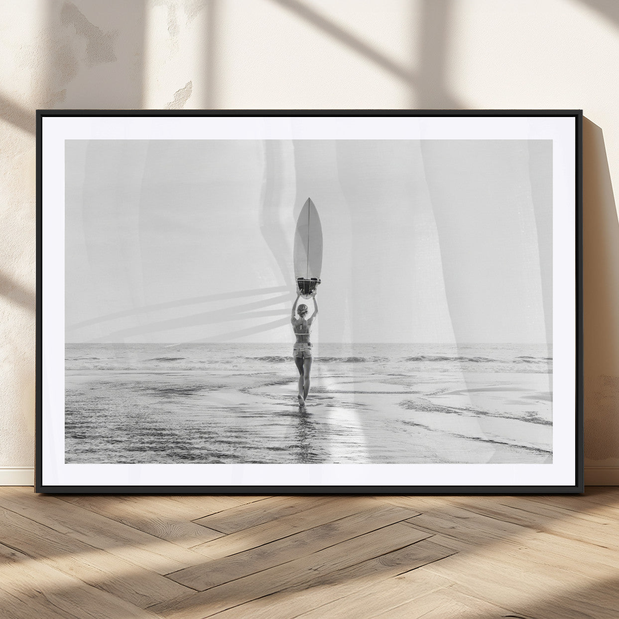 98446901-MGV-CV-36X24-Monochrome Surf Wall Art Canvas Print, Framed Minimalist Surfer Art Picture Print, Surfboard Silhouette Perfect Coastal Minimalist