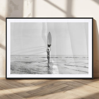 98446901-MGV-CV-36X24-Monochrome Surf Wall Art Canvas Print, Framed Minimalist Surfer Art Picture Print, Surfboard Silhouette Perfect Coastal Minimalist