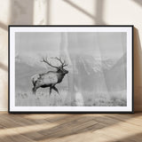 62278753-MGC-FP-36x24_Black-Monochrome Elk Wall Art Canvas Print, Framed Mountain Wildlife Art Picture Print, Rustic Nature Perfect Rustic Minimalist Decor