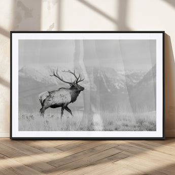 62278753-MGC-FP-36x24_Black-Monochrome Elk Wall Art Canvas Print, Framed Mountain Wildlife Art Picture Print, Rustic Nature Perfect Rustic Minimalist Decor
