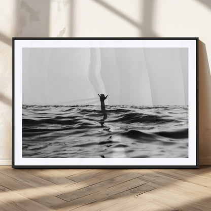 69541918-MGV-CV-36X24-Black White Ocean Wall Art Canvas Print, Framed Moody Seascape Art Picture Print, Surfer Sign Perfect Moody Minimalist Decor