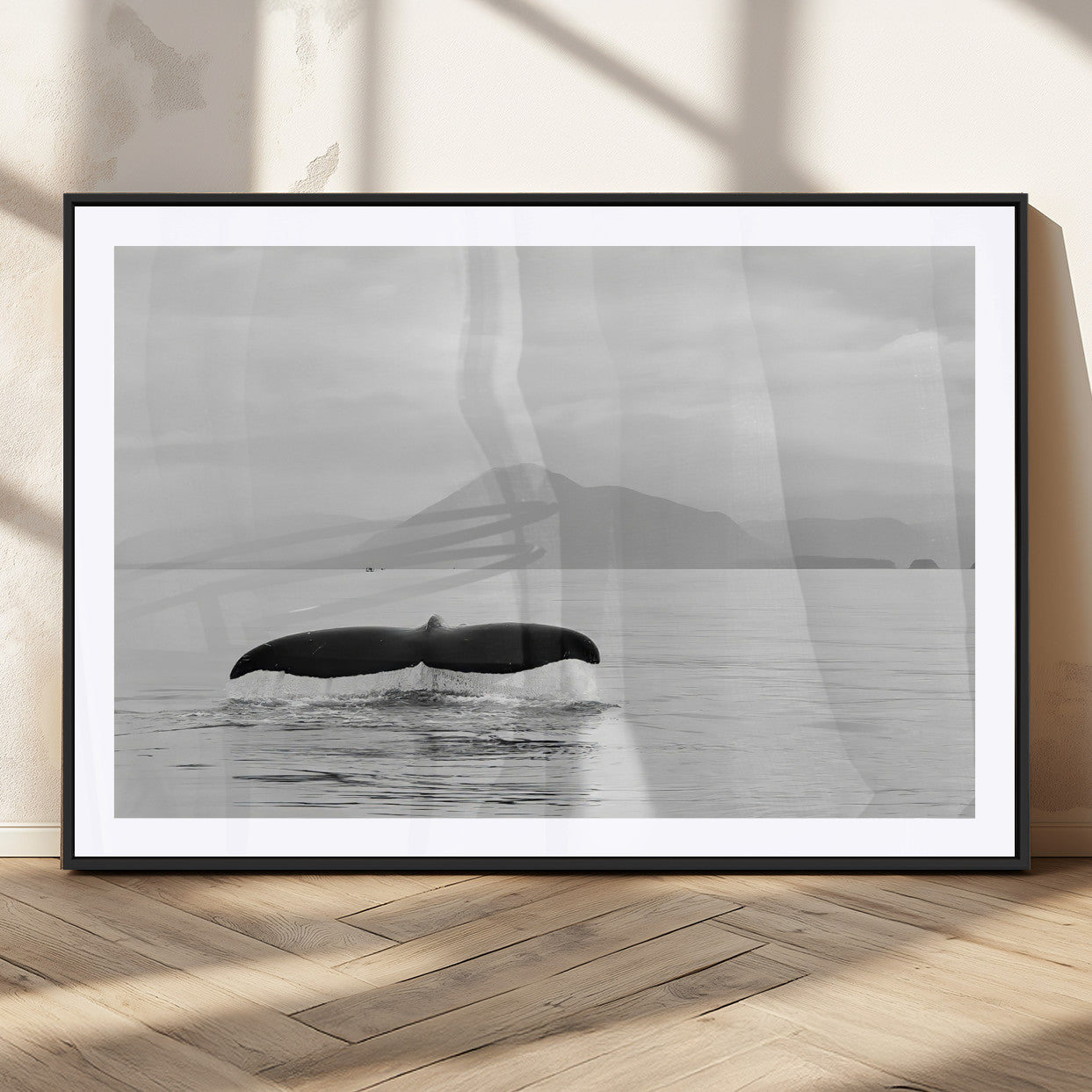 30524220-MGC-FP-36x24_Black-Whale Tail Wall Art Canvas Print, Framed Black White Ocean Art Picture Print, Calm Marine Perfect Minimalist Coastal Decor Artwork